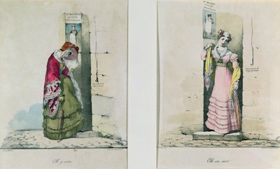 A woman entering and leaving an abortion clinic, engraved by Godefroy Engelmann by Wattier